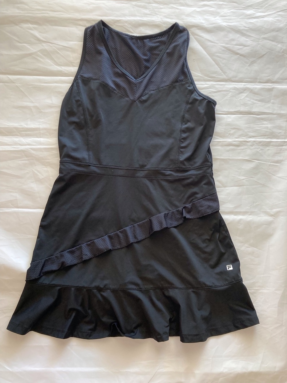 FILA  Ruffles and Stripes Tennis/Pickleball Dress-Black Mesh V-Neck SPF50 Size L